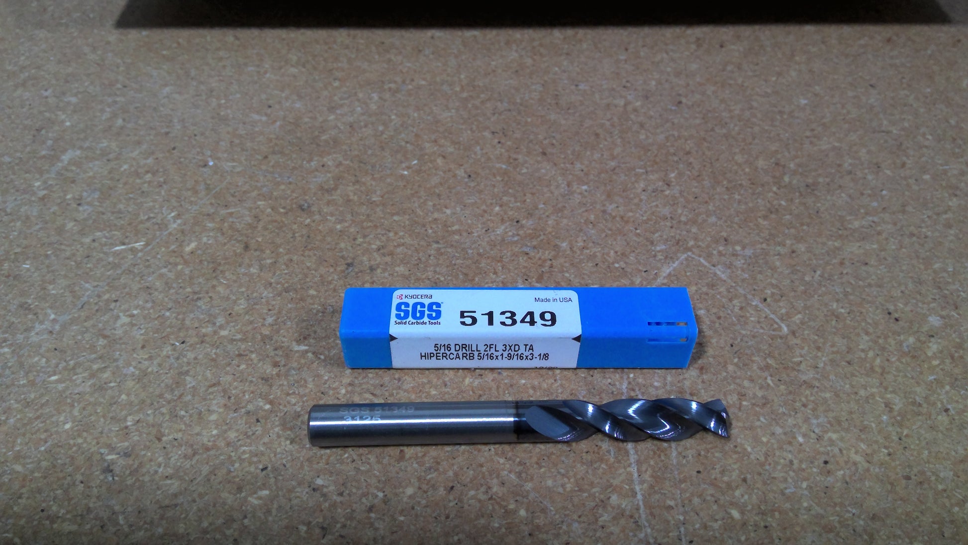 KYOCERA SGS - 51349 - 5/16" (.3125") 2 Flute Carbide 3xD Stub Length Drill, 5/16" Shank, 1.5625" Flute, 3-1/8" OAL, 145° Point. SGS Hi-PerCarb Series 135, AlTiN (Ti-NAMITE-A) Coated For Materials <HRc50