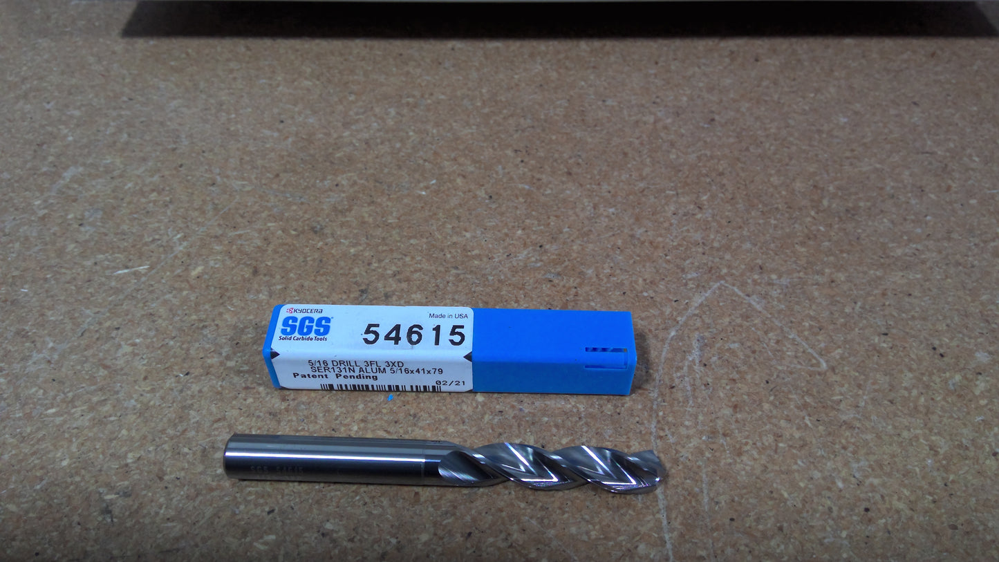 KYOCERA SGS - 54615 - 5/16" (.3125") 3 Flute Carbide 3xD Stub Length Drill, 8mm Shank, 1.6142" Flute, 3.1100" OAL, 124° Point. SGS Hi-PerCarb Series 131N, Bright Finish Uncoated For Aluminum & Non-Ferrous